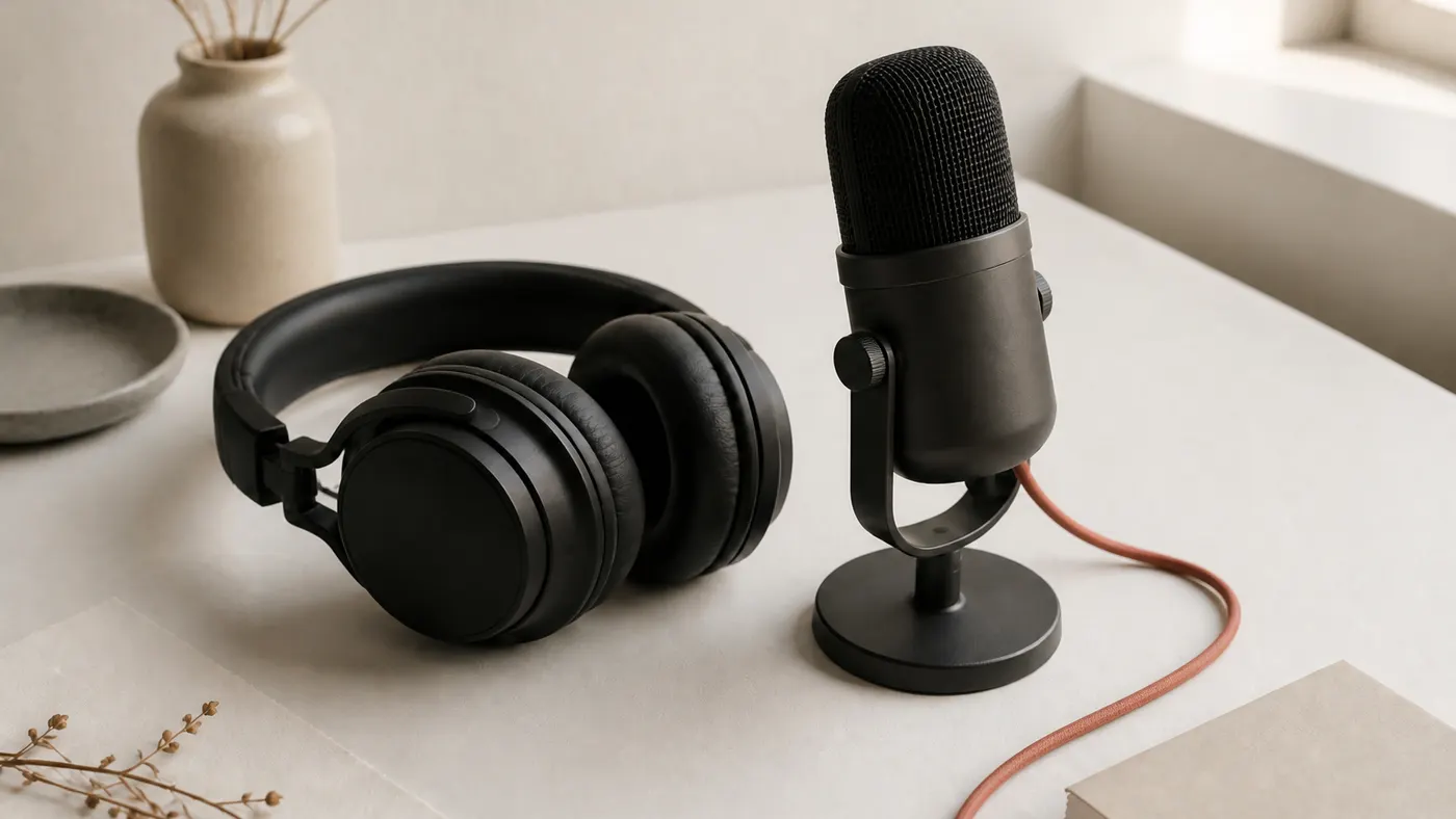 USB microphone and over-ear headphones on a light desk