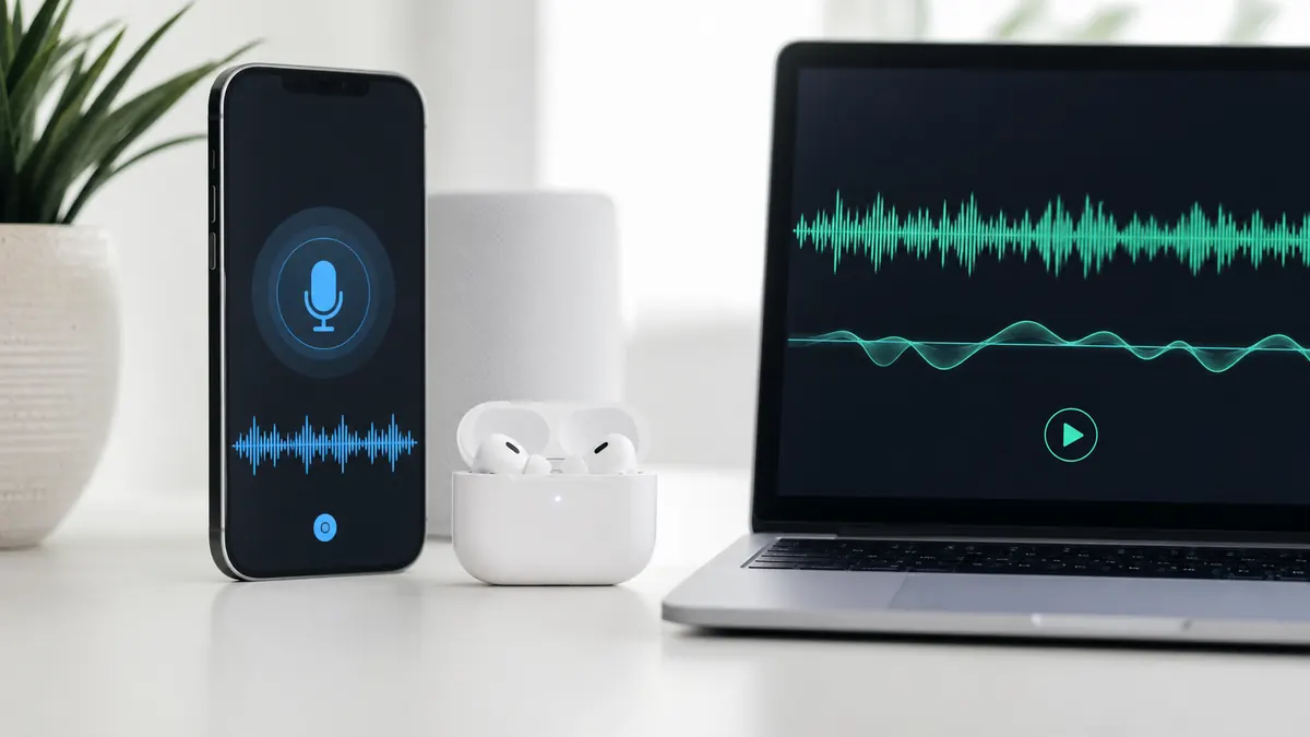 White wireless earbuds and case beside a phone and laptop showing a microphone waveform.