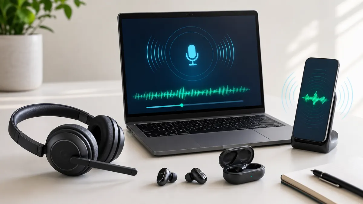 Wireless headset and earbuds beside a laptop showing abstract microphone signal and Bluetooth-style waves.