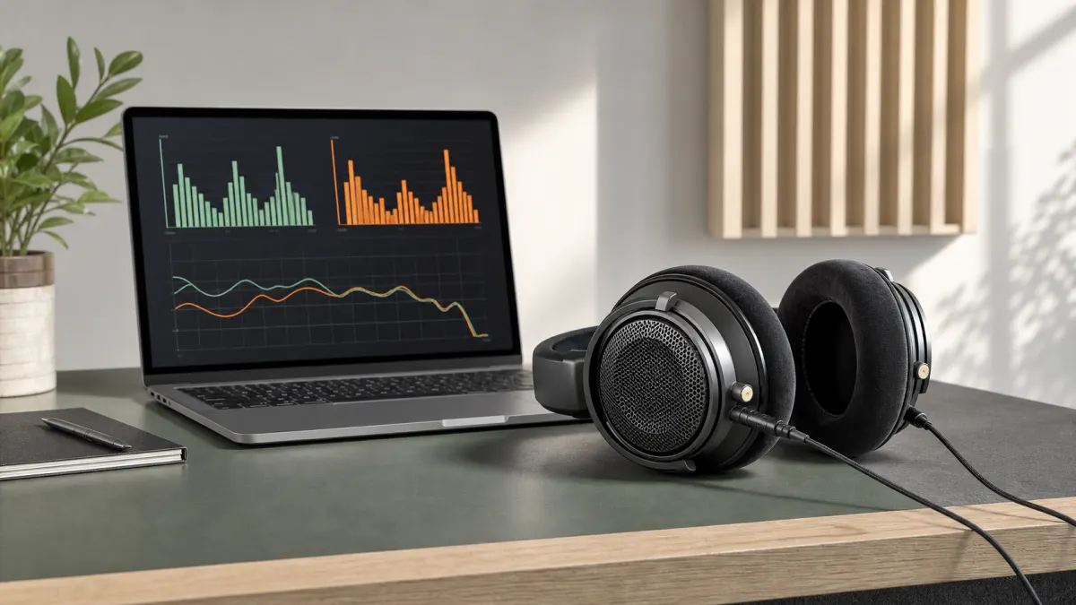 Over-ear headphones beside a laptop showing stereo channel bars and frequency curves for an online headphone test