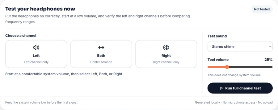 Headphone test tool showing a low tool volume and balanced stereo chime selected