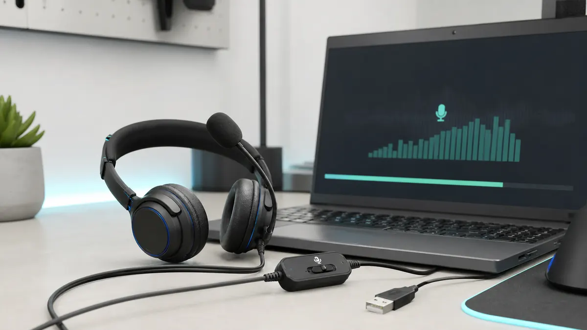 Headset with boom microphone on a desk beside a laptop showing microphone level bars.