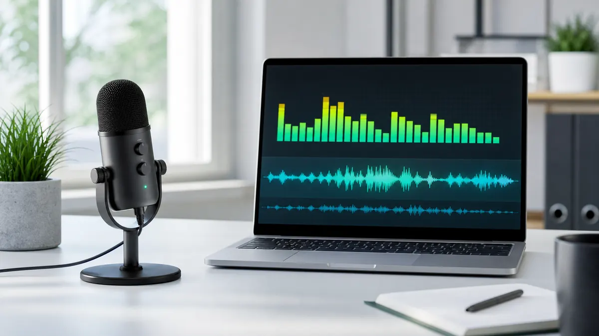 USB microphone beside a laptop showing live input level bars for an online mic volume test.