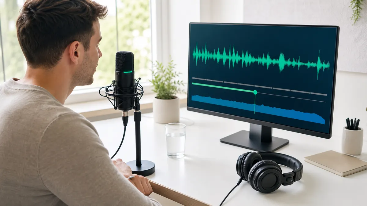 Person recording a voice sample into a studio microphone while a screen shows an abstract waveform.