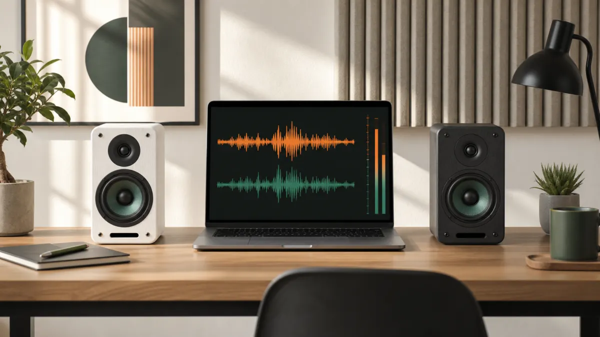 Left and right desktop speakers beside a laptop displaying two audio waveforms for an online speaker test