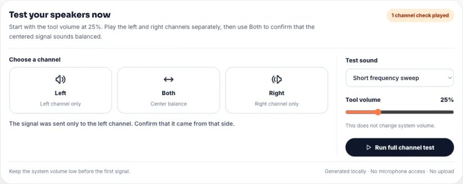Online speaker test controls for the left, both, and right stereo channels