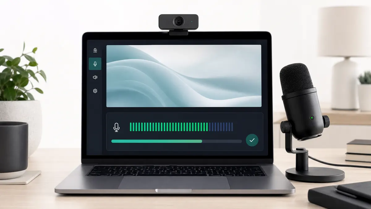 Laptop with webcam preview and microphone meter beside an external webcam and desk microphone.